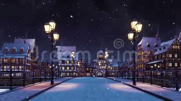 雪夜中世纪欧洲小镇视频的预览图