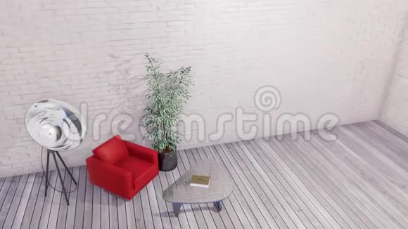 现代室内设有扶手椅和白色砖墙视频的预览图