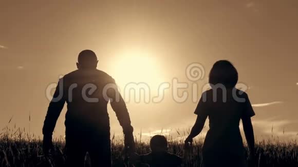 幸福的一家人散步在日落时牵手视频的预览图