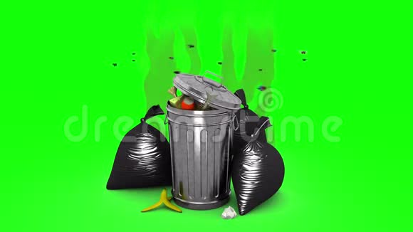 臭垃圾桶和垃圾袋3D动画绿色屏幕可循环视频的预览图
