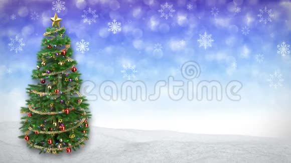在蓝色的冬天背景上旋转圣诞树3D渲染无缝环视频的预览图