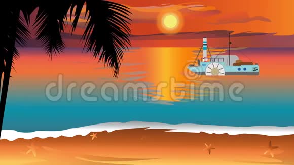 日落景色与剪影棕榈树和轮船慢慢在海洋视频的预览图