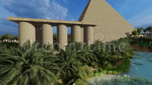金字塔在撒哈拉绿洲3D渲染视频的预览图