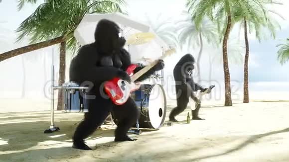 有趣的大猩猩和猴子玩吉他和鼓在阳光明媚的海边举行摇滚派对逼真的4K动画视频的预览图