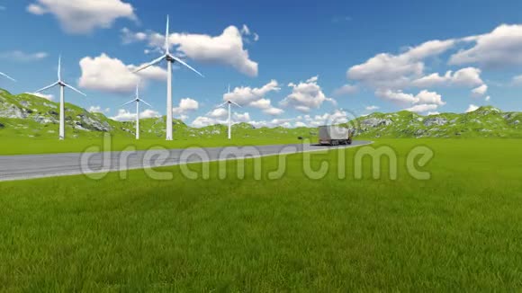 带有汽车卡车的道路两个方向和风力涡轮机视频的预览图