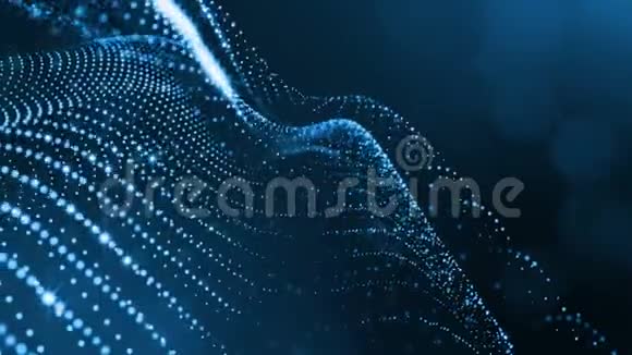 深色成分具有振荡的发光蓝色粒子形成波浪状表面平滑的动画循环摘要视频的预览图