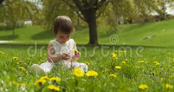 可爱的女婴在公园里玩草视频的预览图