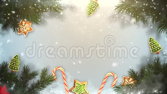 雪背景上的动画特写圣诞绿色树枝和玩具视频的预览图