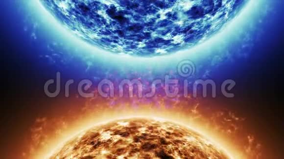 蓝星VS红星红太阳表面与太阳耀斑对蓝太阳隔离在黑色高度逼真的太阳表面视频的预览图