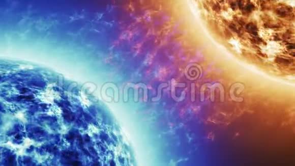 蓝星VS红星红太阳表面太阳耀斑与蓝色太阳隔离在黑色高度逼真的太阳表面视频的预览图