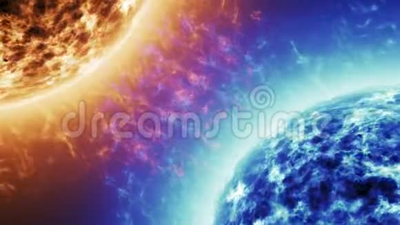 蓝星VS红星红太阳表面太阳耀斑与蓝色太阳隔离在黑色高度逼真的太阳表面视频的预览图