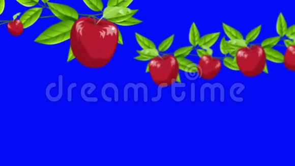 从蓝色屏幕背景上的分支生长的卡通红苹果视频的预览图