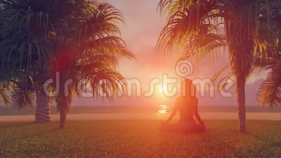 日落时分在沙滩上冥想的女人视频的预览图