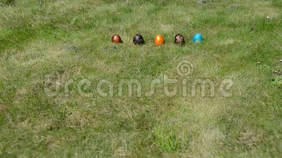 传统的复活节游戏手抛滚彩蛋上草视频的预览图
