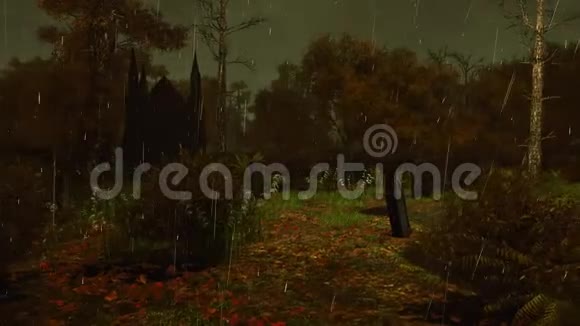 在漆黑的雨夜4K废弃可怕的墓地视频的预览图