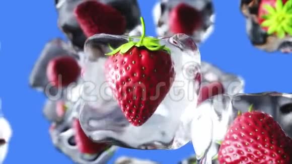 草莓在冰块中旋转食和广播理念现实的冰材料4K动画片绿色屏幕视频的预览图