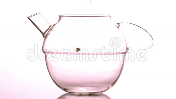 松散的草药茶掉在玻璃茶壶里视频的预览图