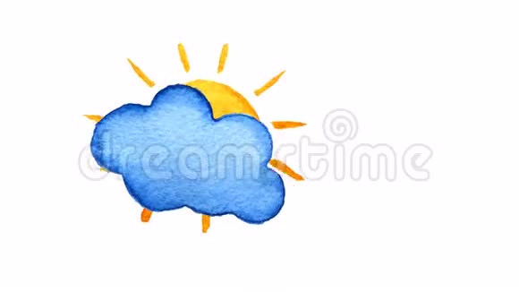 黄色的太阳和蓝色的云透明背景上手绘水彩插图视频的预览图