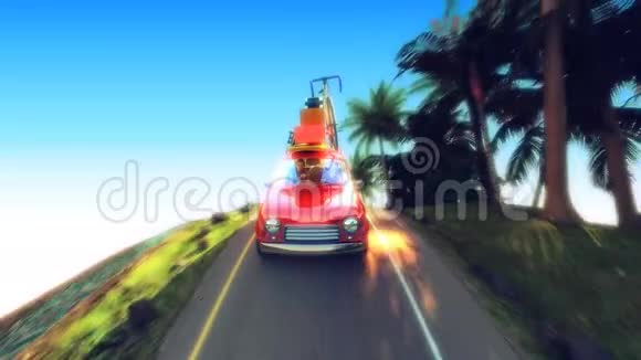 抽象卡通车在山路上用屋顶架行驶4k动画3渲染视频的预览图