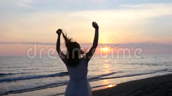 美丽的年轻女子在海滩上享受日落视频的预览图