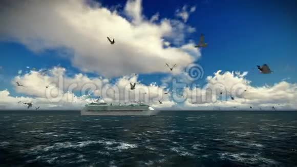 游轮航行美丽的早晨海鸥飞翔有声音的相机轨迹视频的预览图