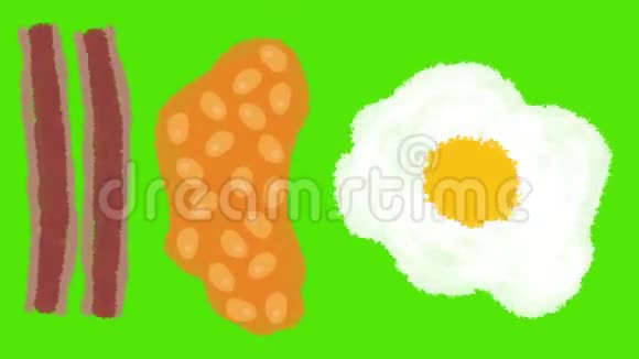 绿色屏幕上手工绘制的煎蛋培根和豆子卡通早餐视频的预览图