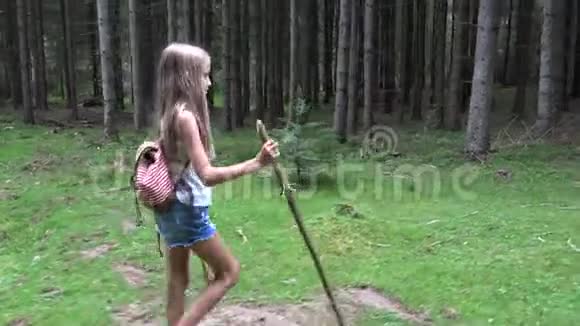 在森林里散步的孩子户外的孩子野营探险的女孩视频的预览图