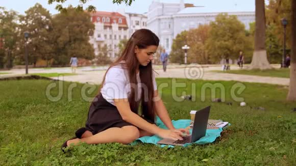 在公园里用电脑的女孩视频的预览图