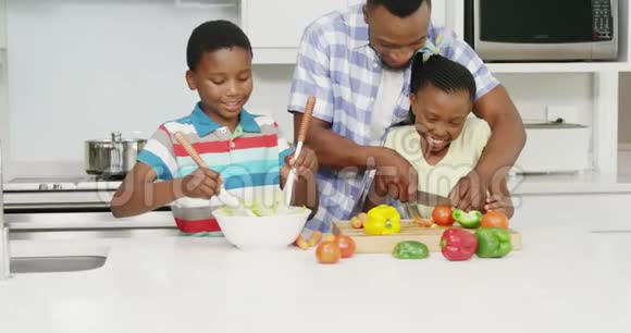 父亲和孩子们在厨房准备蔬菜沙拉视频的预览图
