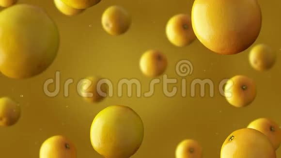 落下的橘子和水滴在黄色的背景下超级缓慢的运动高品质4K无缝环形CG视频的预览图