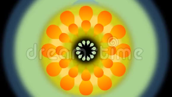 电影抽象舞蹈花与模糊的圆圈黄色和橙色幻想旋转花形在黑色背景上视频的预览图