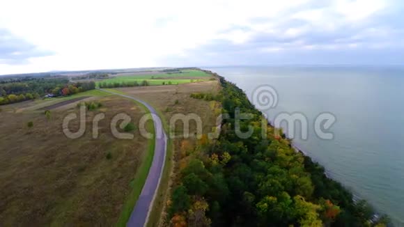 飞过悬崖和五颜六色的秋树空中镜头视频的预览图