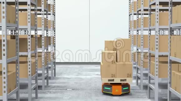 现代仓库中运载货物的橙色机器人载体视频的预览图