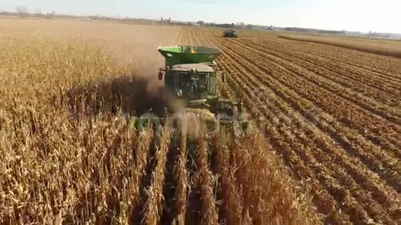 大型农业联合卡车机器车辆收割农作物农田有机小麦的4k鸟瞰图视频的预览图