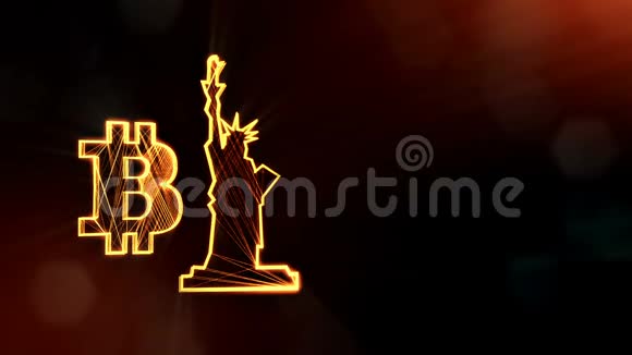 比特币标志和自由雕像金融背景由辉光粒子作为图像全息图三维环视频的预览图