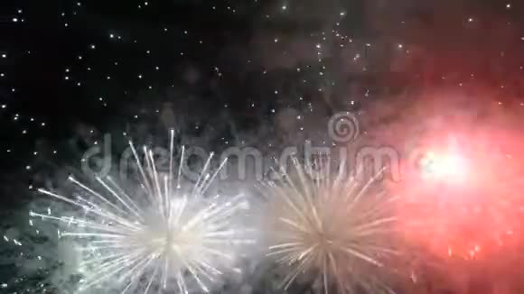 五颜六色的烟花用彩色的灯光爆炸充满夜空的黑暗视频的预览图