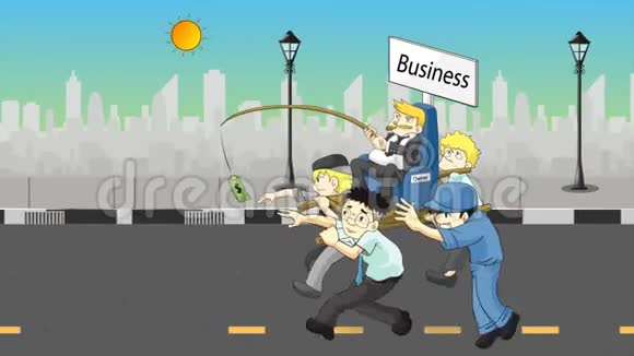 富有的企业主或首席执行官如何与薪酬人员和办公室员工一起以奖励的方式经营业务的动画漫画视频的预览图