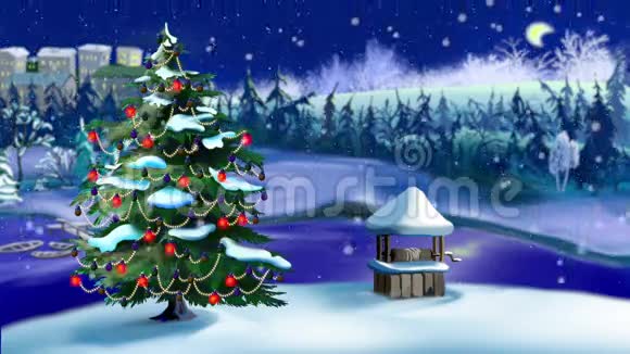 圣诞树灯与雪花飞舞视频的预览图