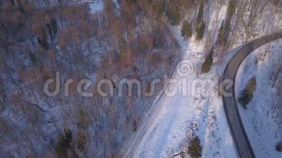 冬季野外Sigulda拉托维亚空中无人机顶视图4KUHD视频视频的预览图