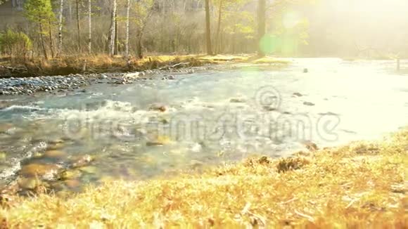 多利滑块拍摄了在森林附近的一条山河里飞溅的水潮湿的岩石和阳光水平稳定视频的预览图