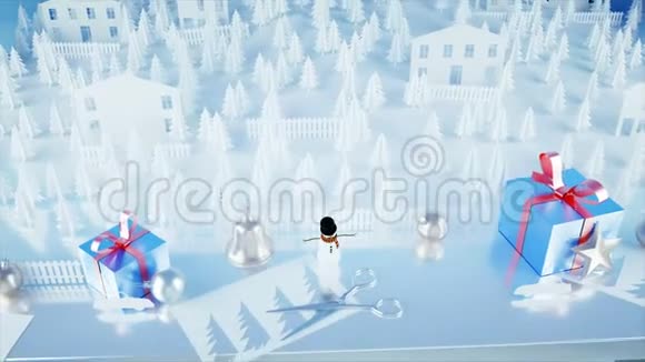 纸城在桌子上新年快乐圣诞节概念雪人和礼物逼真的4K动画视频的预览图