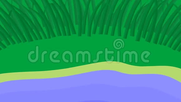 动画自然背景地球挥动池塘和移动的草无缝环路视频的预览图