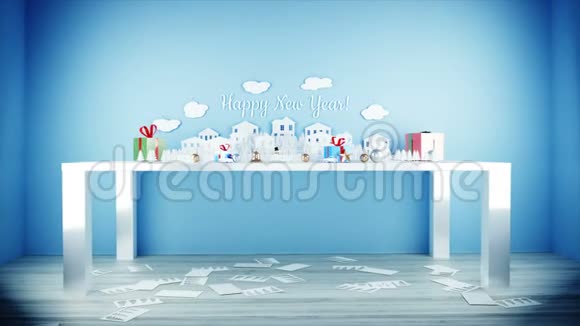纸城在桌子上新年快乐圣诞节概念雪人和礼物逼真的4K动画视频的预览图