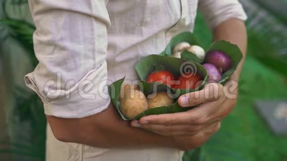 环保产品包装理念用香蕉叶包裹的蔬菜作为塑料袋的替代品零视频的预览图