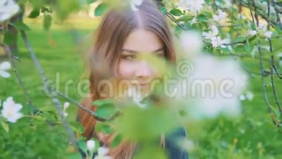 年轻快乐的女人走在苹果园里的春天花白了一个漂亮女孩的肖像视频的预览图