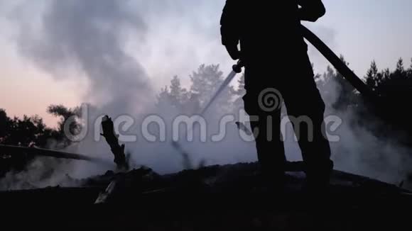 用火筒用水灭火消防队员拿着水管晚上扑灭森林篝火视频的预览图