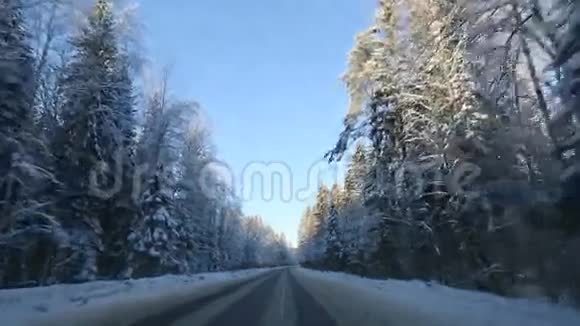 车辆行驶冬季雪林路时从车载摄像头的正面观看视频的预览图