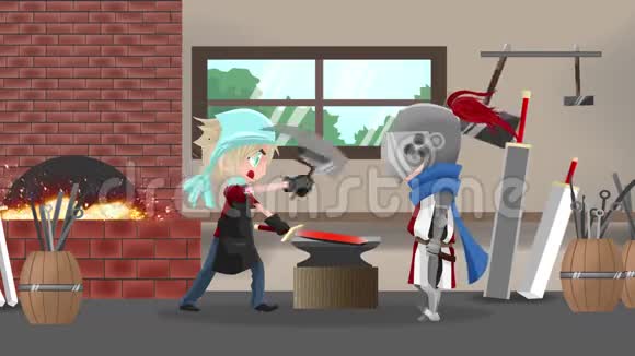 一个铁匠铺里的骑士战士制作他幻想中的新剑的无缝动画卡通视频的预览图