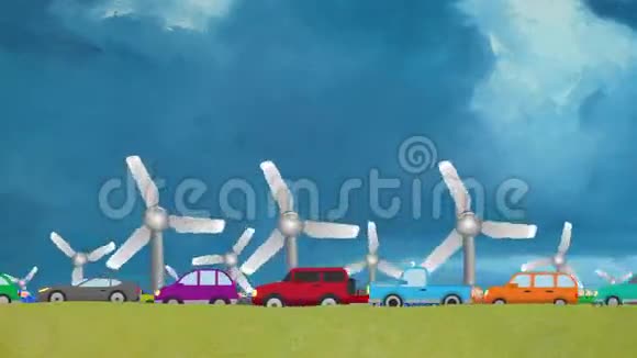 风能风车大交通驱动中汽车的卡通矢量视频的预览图