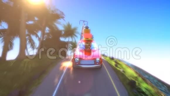 抽象卡通车在山路上用屋顶架行驶4k动画3渲染视频的预览图